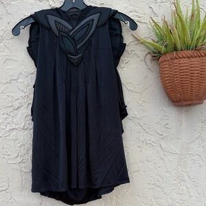 BCBGMaxAzria Black Asymmetrical Embroidered Runway Label Top